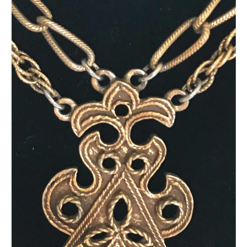 Vintage Goldette Gold Tone Triangle Filigree Pendant Egyptian Victorian Revival